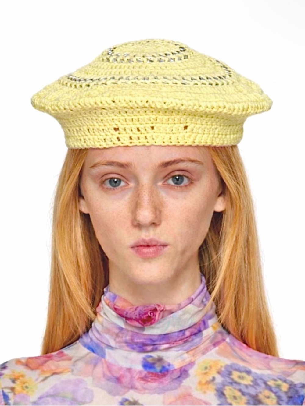 Ganni Butter Yellow Crochet Beret Hat New with Tags